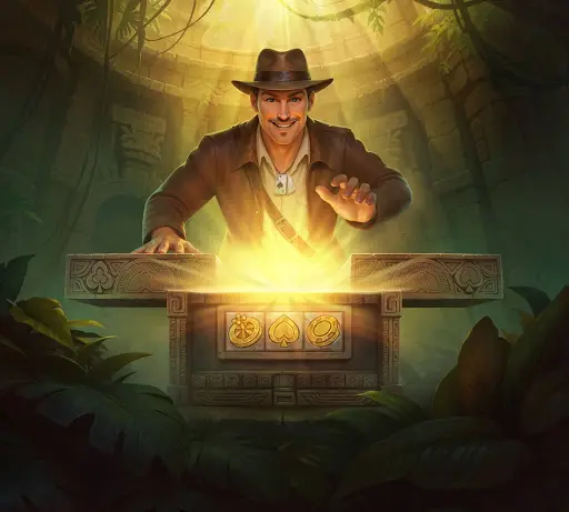 Τυχοδιώκτης εξερευνητής ανοίγει ένα λαμπερό αρχαίο σεντούκι μέσα σε ναό της ζούγκλας, σύμβολο ανακάλυψης θησαυρών, ανταμοιβών και μπόνους καζίνο sankra σε περιβάλλον περιπέτειας