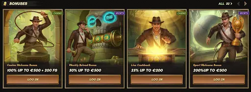 Οθόνη μπόνους με τέσσερις θεματικές προσφορές, εξερευνητή σε σκηνές περιπέτειας, ανταμοιβές καζίνο και αθλητισμού, ποσοστά cashback και welcome offers, σχεδιασμένη για εμπειρία μπόνους καζίνο sankra.